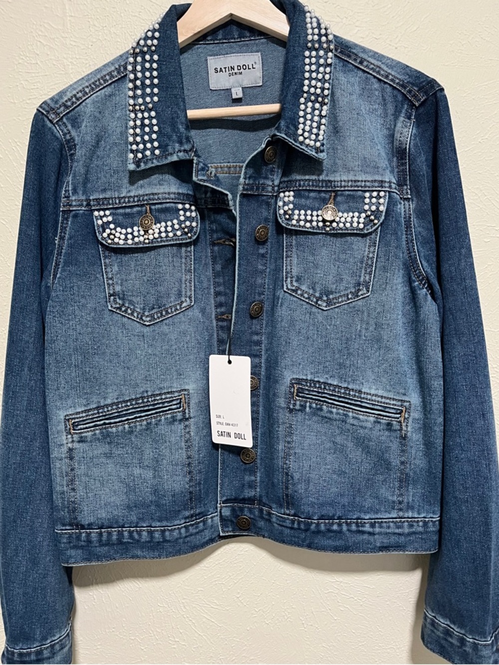 Satin Doll Denim Jacket Pearl Embellished Button Up